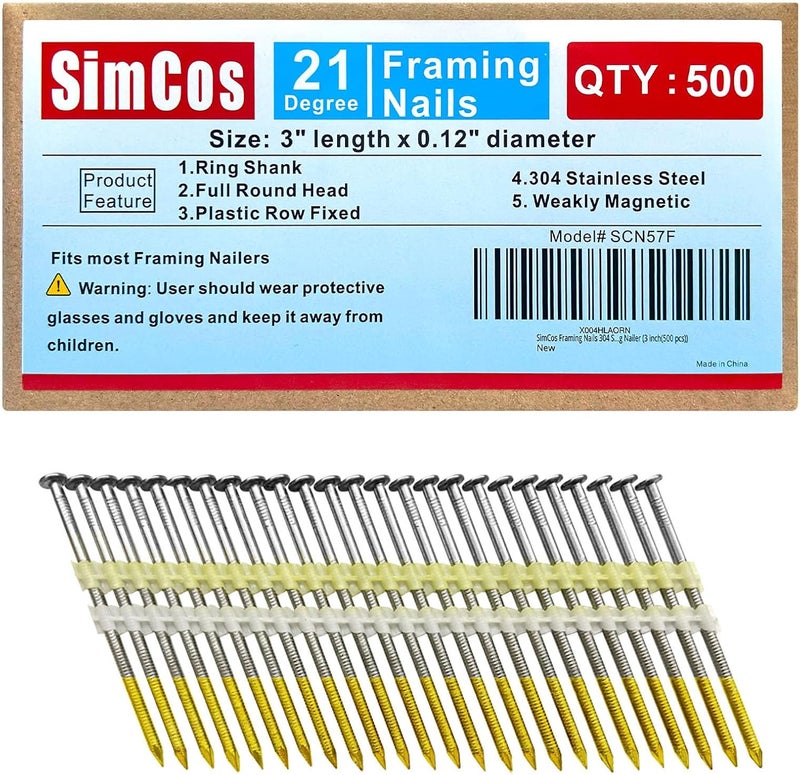SimCos Framing Nails 304 Stainless Steel 21° Full Round Head Nail 21 Degree Ring Shank Nail for Pneumatic, Electric 21 degree Framing Nailer (3"-500 pcs) - Image 1
